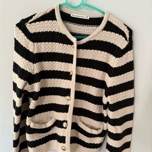 Abercrombie & Fitch Black and Cream Horizontal Stripe Knit Cardigan